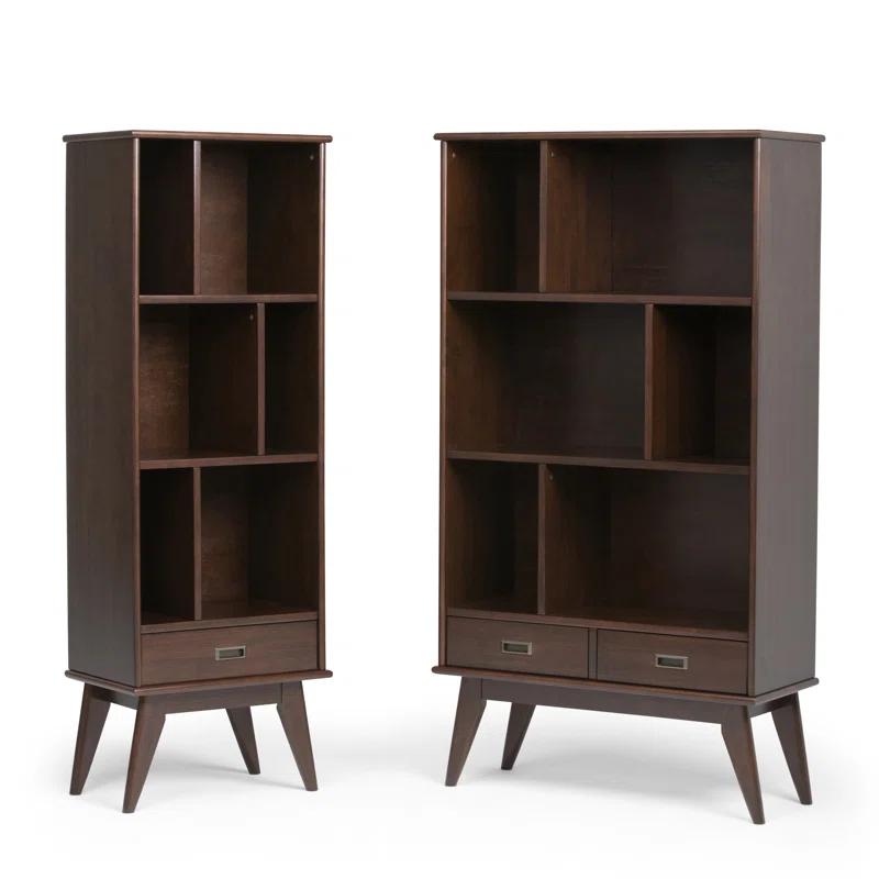 Simpli Home Draper 35"W Solid Hardwood 6 Shelf Compartment Mid-Century Modern Wide Bookcase with 2 Drawers