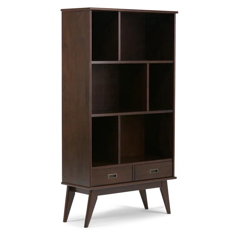 Simpli Home Draper 35"W Solid Hardwood 6 Shelf Compartment Mid-Century Modern Wide Bookcase with 2 Drawers
