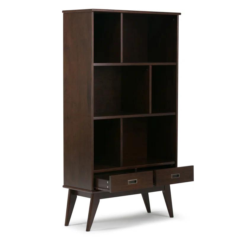 Simpli Home Draper 35"W Solid Hardwood 6 Shelf Compartment Mid-Century Modern Wide Bookcase with 2 Drawers