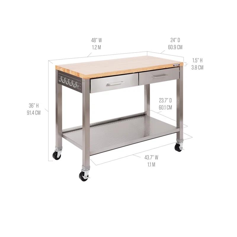 48'' Wide Stainless Steel Kitchen Rolling Cart Island with Solid Wood Top