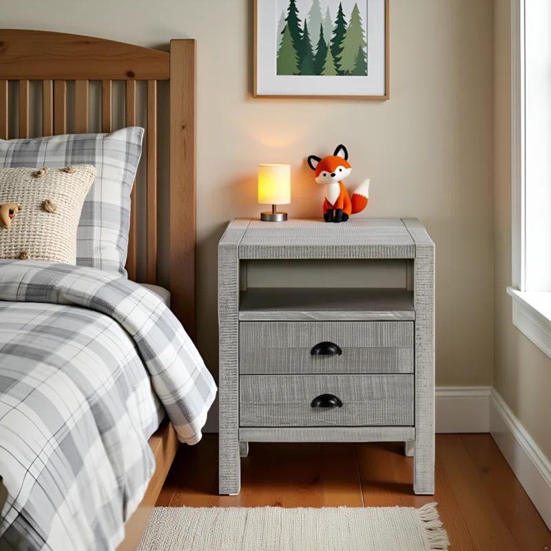 Windsor 2-Drawer Wood Nightstand for Kids Bedroom - Rustic Painted Finish, Metal Glides, Open Shelf Storage, Pine Wood Construction, 22 in. W x 17 in. D x 25 in. H, Distressed Look