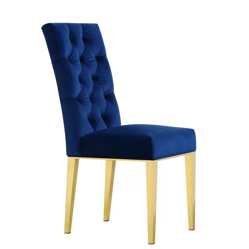 Regal Navy Velvet Upholstered Parsons Side Chair with Gold Metal Legs