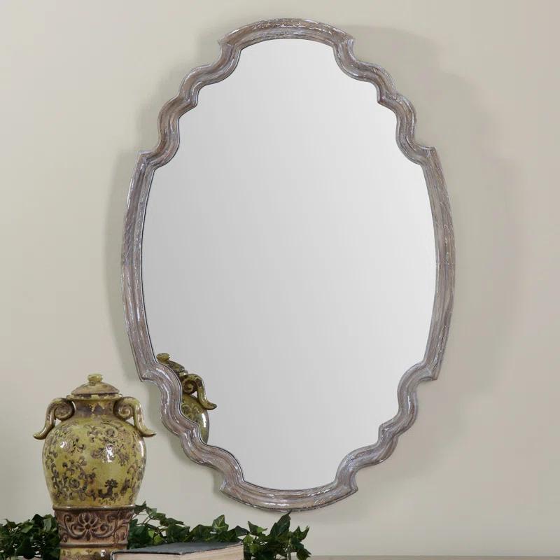 Alix Transitional Beige Rectangular Wood Mirror with Silver Accents