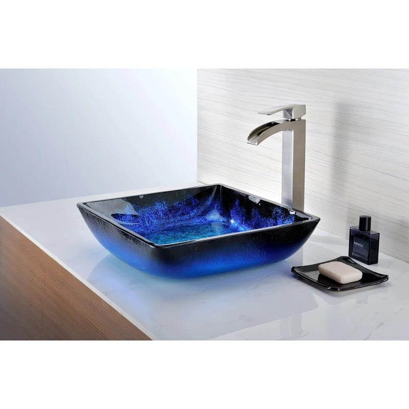 ANZZI Viace 15.13'' Blazing Blue Tempered Glass Square Bathroom Sink