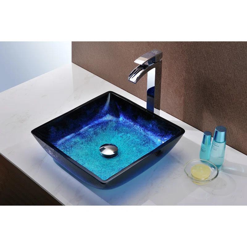 ANZZI Viace 15.13'' Blazing Blue Tempered Glass Square Bathroom Sink
