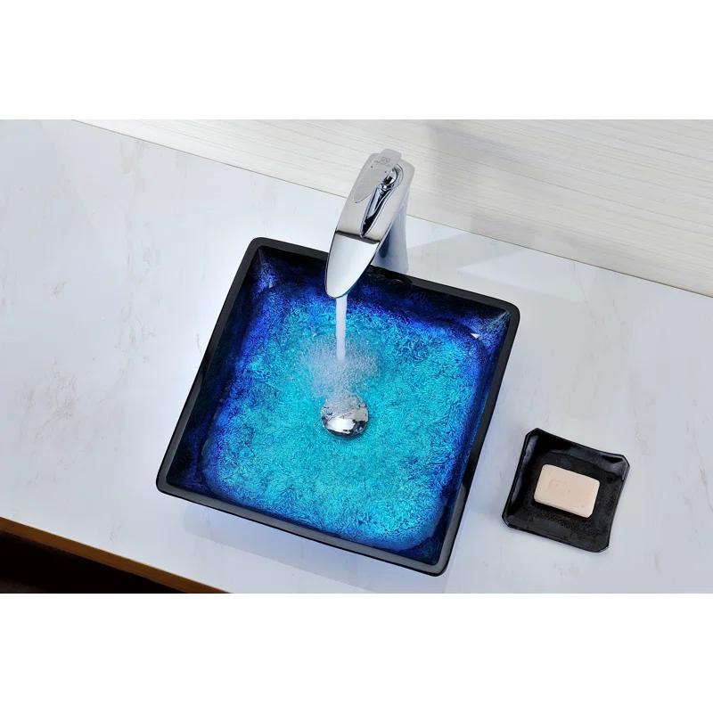 ANZZI Viace 15.13'' Blazing Blue Tempered Glass Square Bathroom Sink