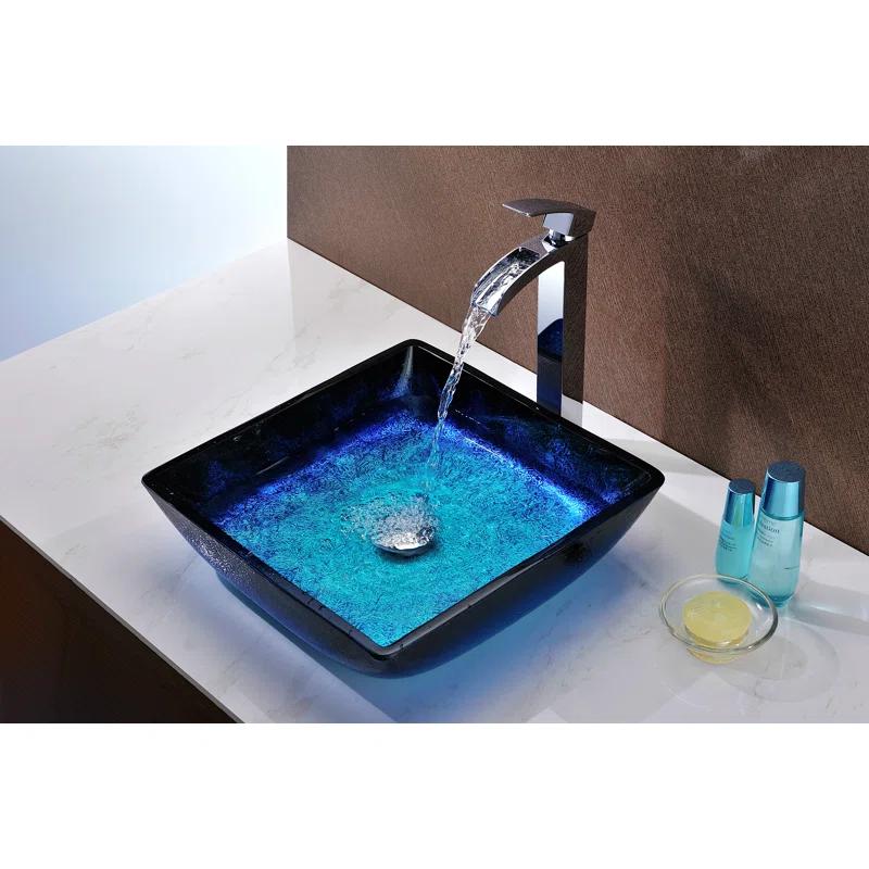 ANZZI Viace 15.13'' Blazing Blue Tempered Glass Square Bathroom Sink