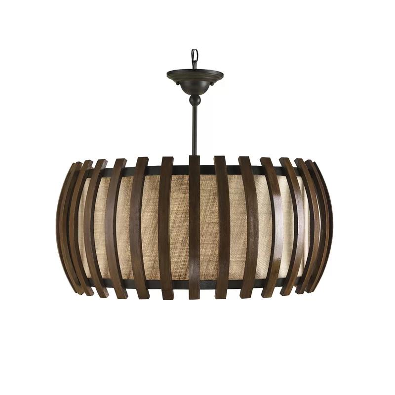 Old Iron & Polished Fruitwood Drum Pendant with Putty Burlap Shade