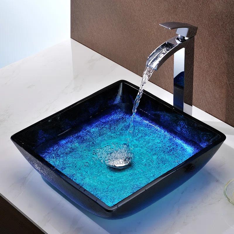 ANZZI Viace 15.13'' Blazing Blue Tempered Glass Square Bathroom Sink