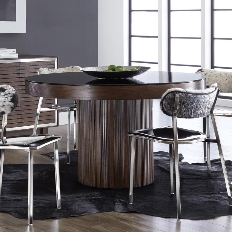 Contemporary Espresso Brown Round Wood & Glass Dining Table