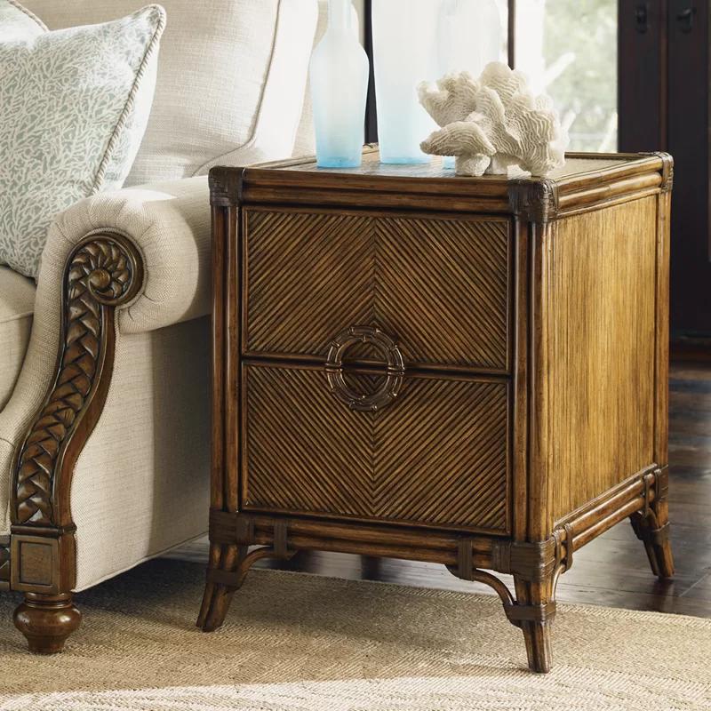 Transitional Brown Wood Chairside Table with Rattan Accents