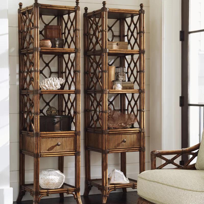 Transitional Brown Leather-Wrapped Rattan Etagere with Pencil Accents