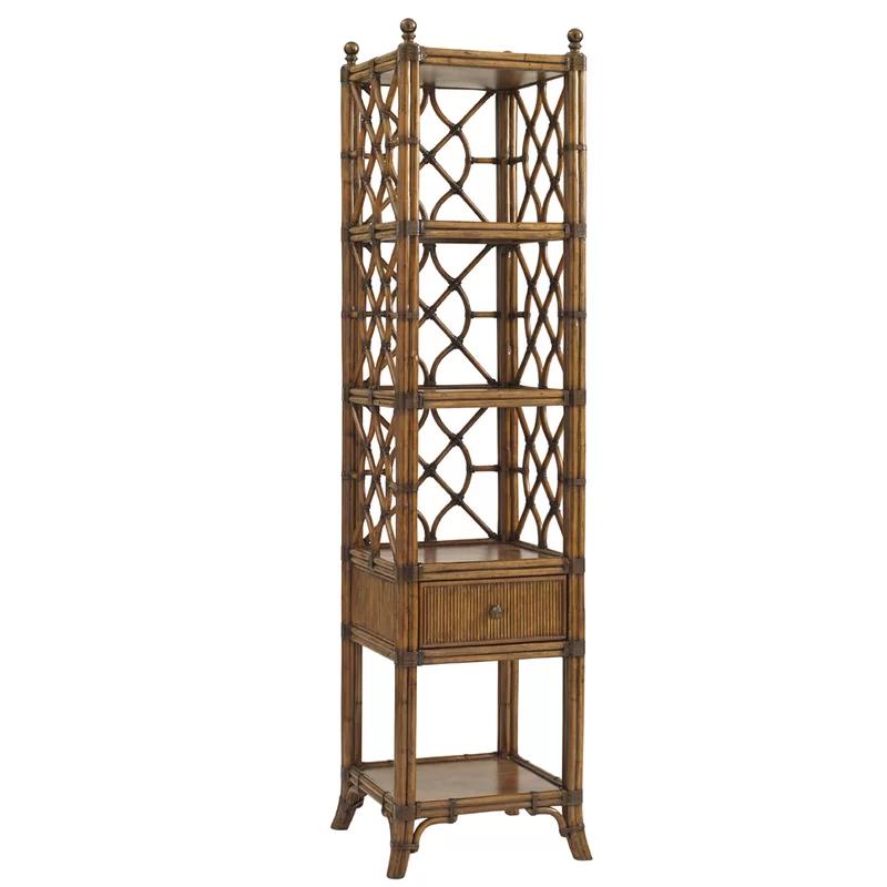Transitional Brown Leather-Wrapped Rattan Etagere with Pencil Accents