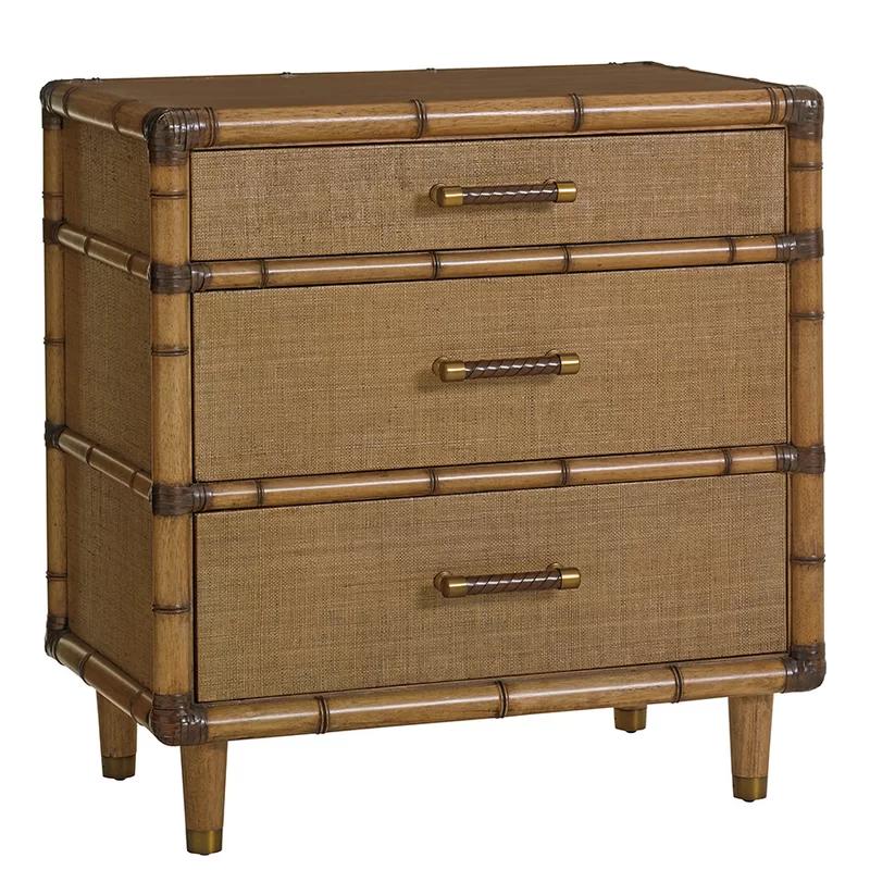 Transitional Bamboo-Wrapped 3-Drawer Nightstand in Brown with Raffia Accents