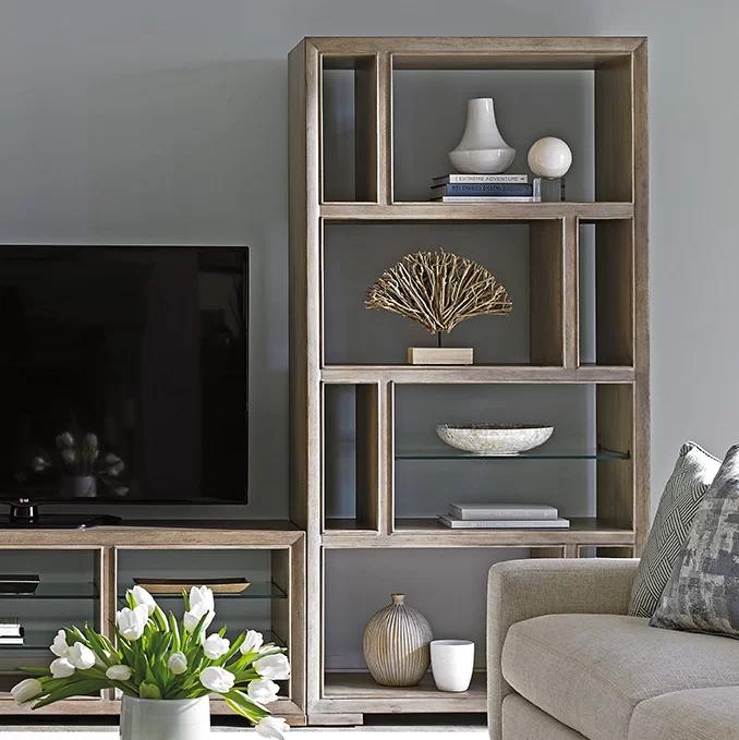 Taupe Gray Adjustable Wood and Glass Open Bookcase