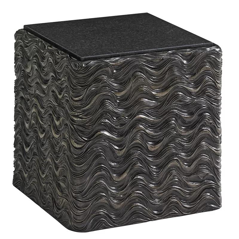 Transitional Black Pearl Stone & Metal Square End Table