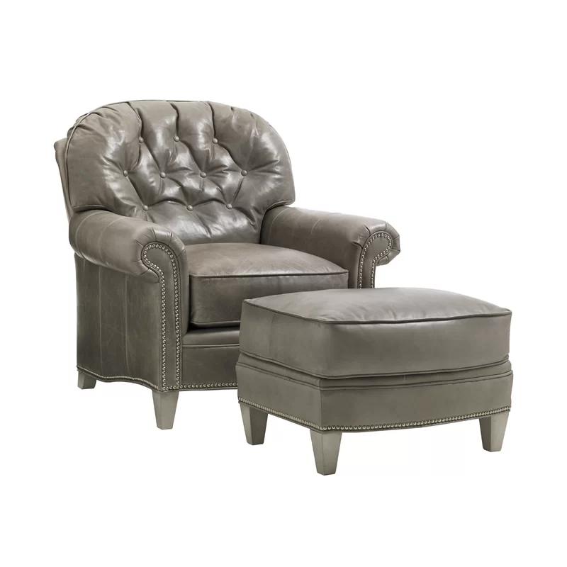 Millstone Geometric Leather Accent Chair with Pewter Nailhead Trim