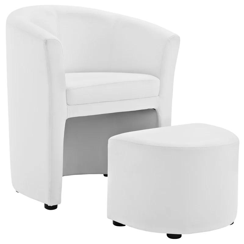 Elegance White Faux Leather Barrel Armchair with Ottoman