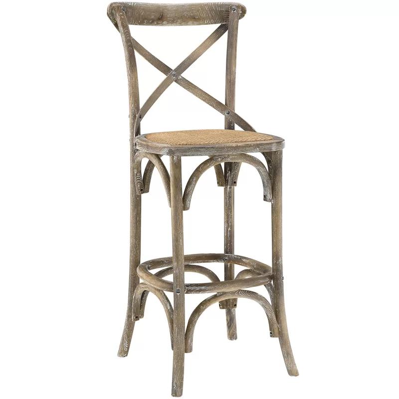 Larghetto Elm Wood and Rattan Country Charm Barstool, Gray