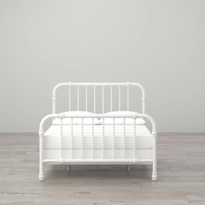 White Full Metal Bed Frame with Drawer and Scroll Design