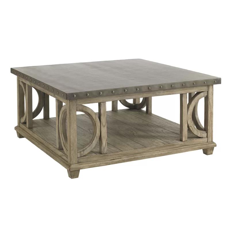 Elegant Traditional Square Wood and Metal Cocktail Table in Taupe-Gray