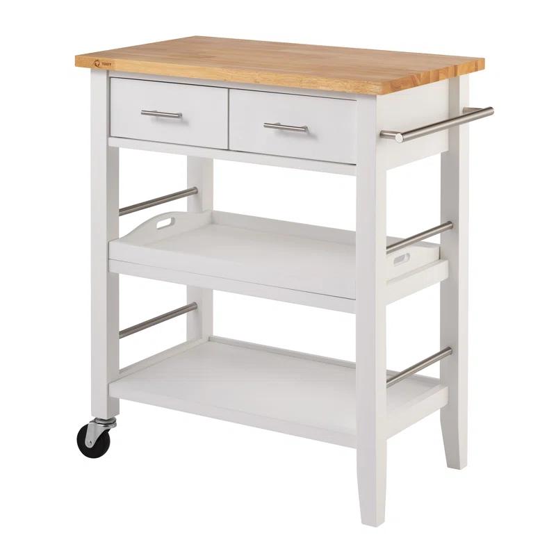 Modern Rectangular Rubberwood Kitchen Cart with Storage and Serving Tray