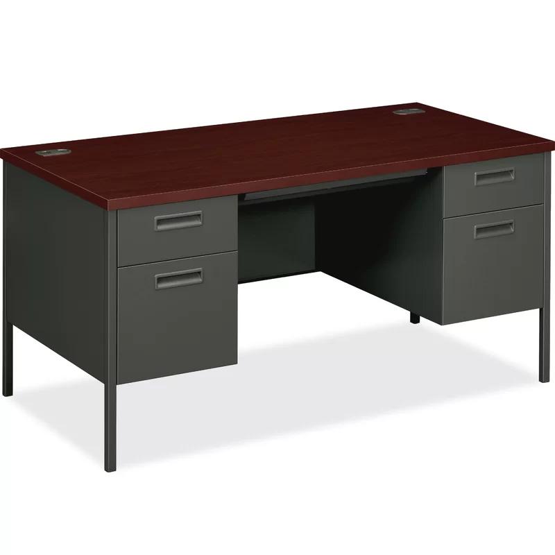Executive Mahogany Charcoal Steel Pedestal Desk with Drawer and Filing Cabinet