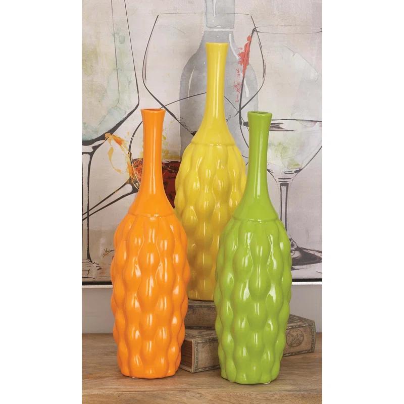 Coastal Charm 18" Trumpet Ceramic Vase Trio in Yellow, Orange, and Green