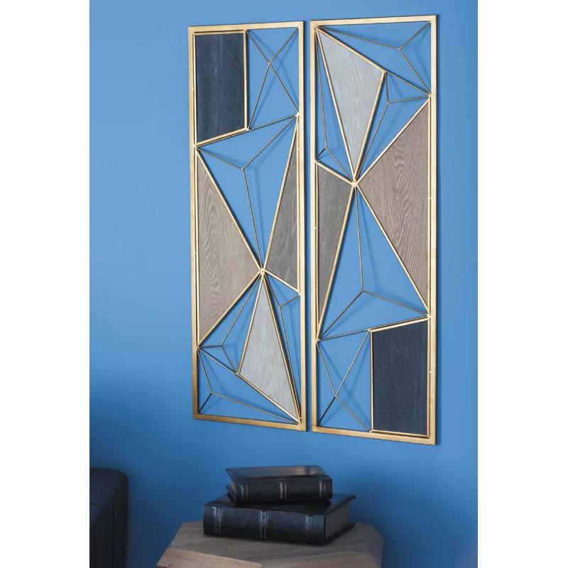 Modern Geometric Brown and Gold Metal & Wood Wall Decor Set