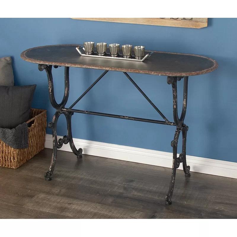 Crestline Distressed Gray Metal & Glass Console Table with Storage