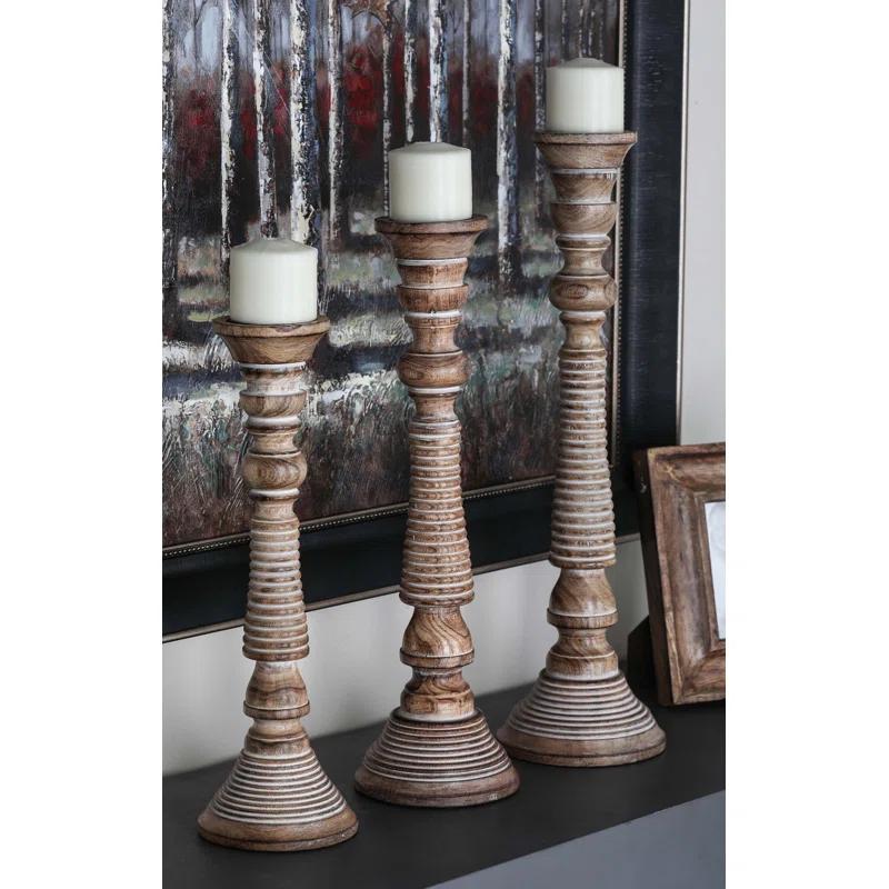 Mango Wood Handmade Decorative Light Gray Candle Holder Set (Set of 3)