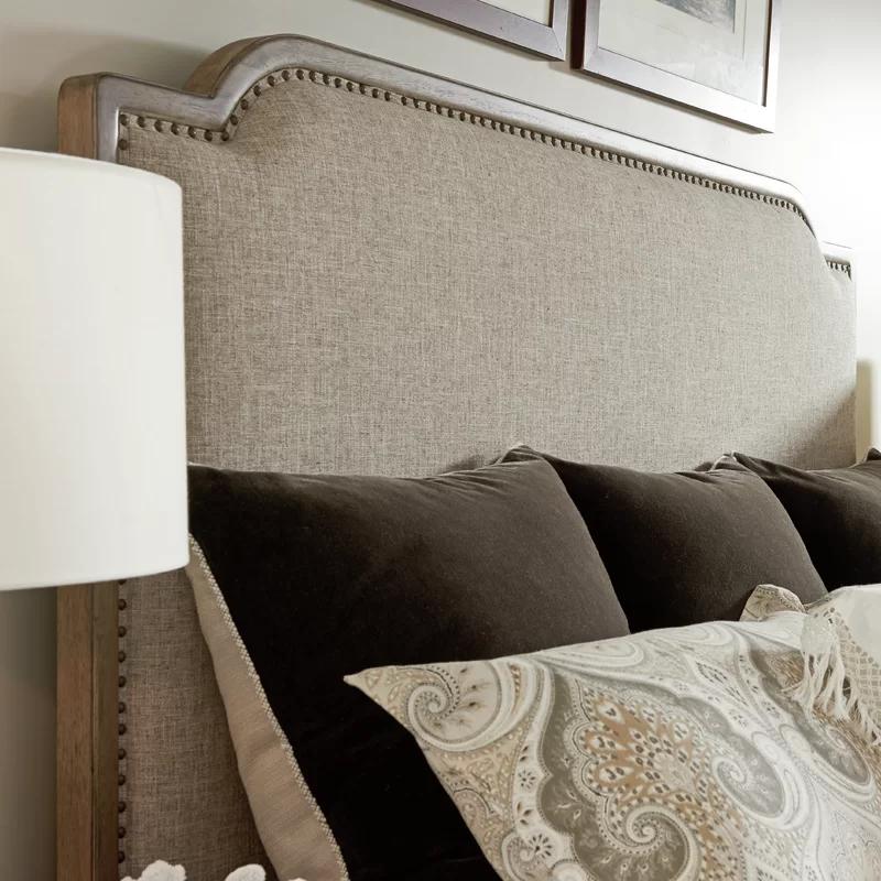 Sophisticated Flax Linen Camelback Queen Headboard with Antique Brass Nailhead Trim