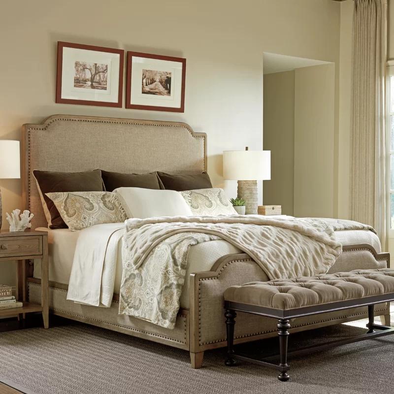Transitional Hatteras Gray King Upholstered Bed with Nailhead Trim
