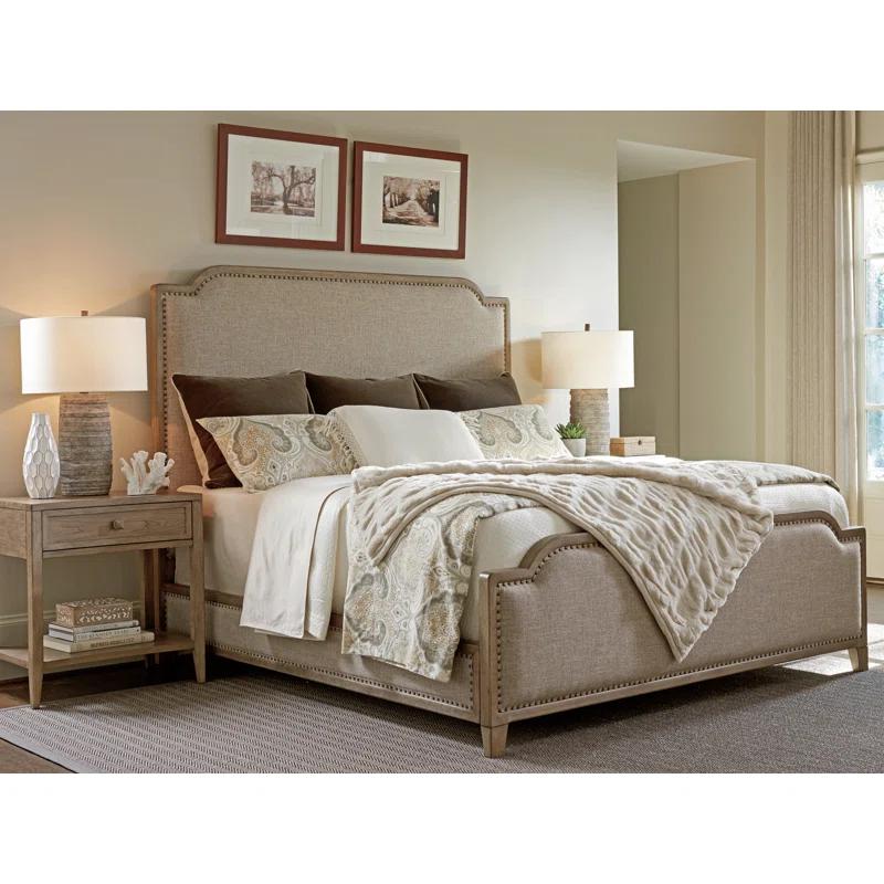 Transitional Hatteras Gray King Upholstered Bed with Nailhead Trim