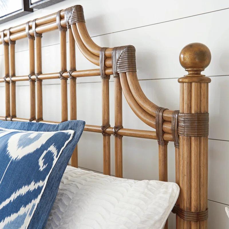 Regal Queen Leather-Wrapped Bamboo Headboard with Gold Finials