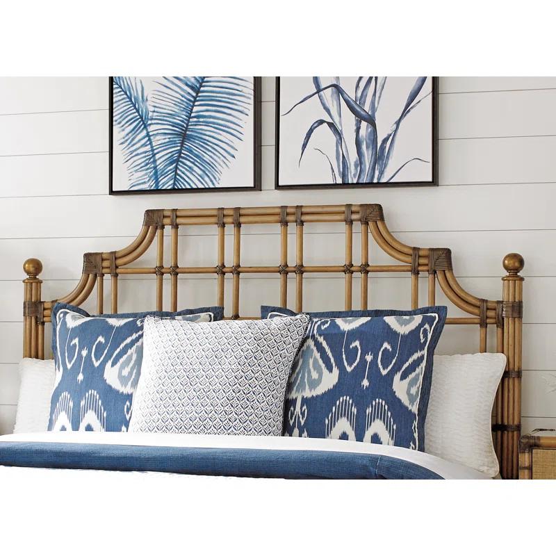 Regal Queen Leather-Wrapped Bamboo Headboard with Gold Finials