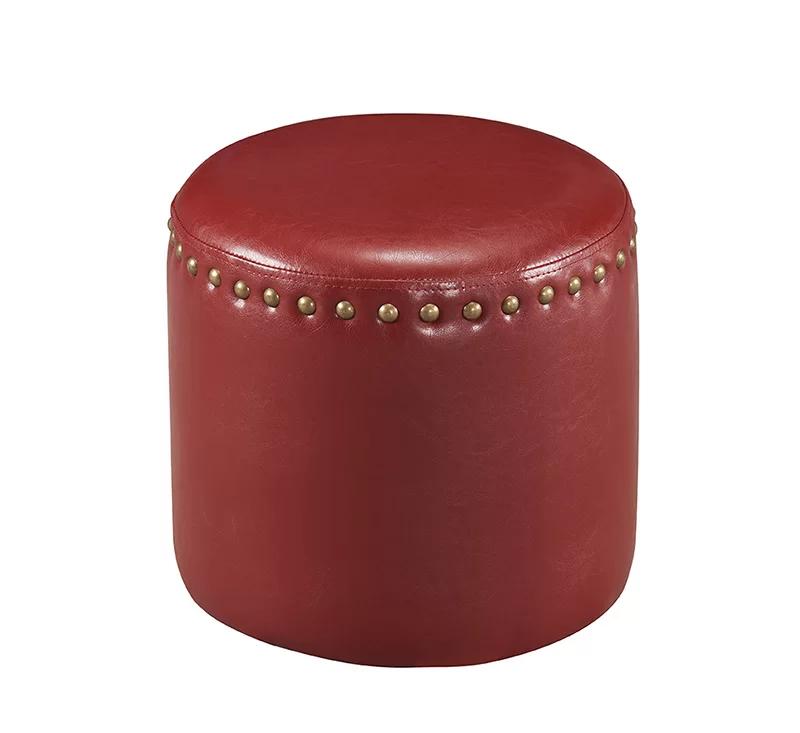 Vibrant Red PU Faux Leather Round Pouf Ottoman