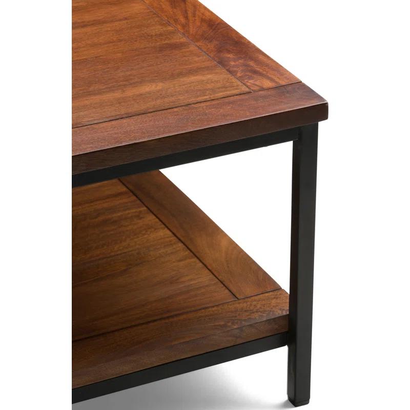 Simpli Home Skyler 34"W Solid Mango Wood Industrial Square Coffee Table with Open Shelf and Metal Frame
