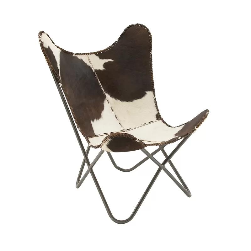 Handcrafted White Leather Butterfly Accent Chair with Metal Frame