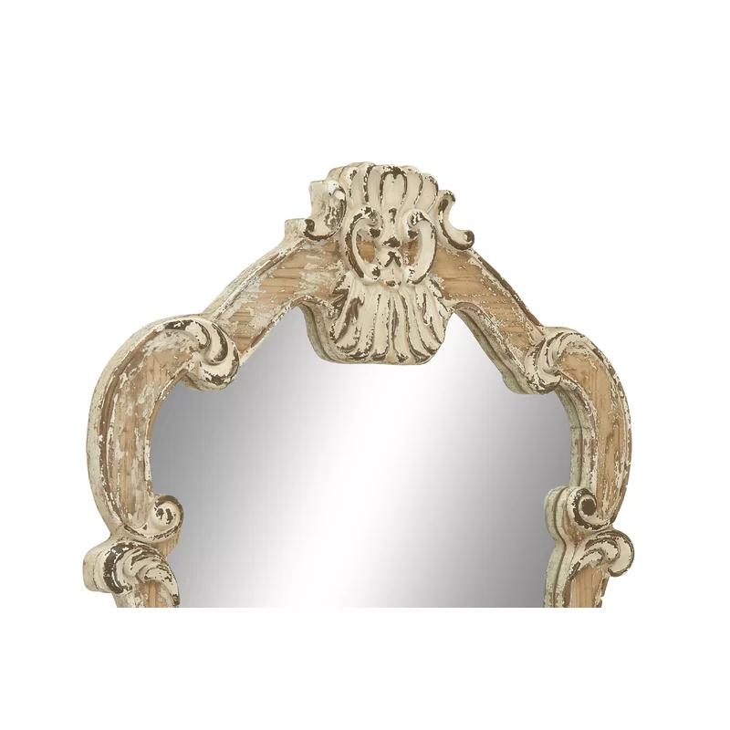 Queen Anne Style 39" Arched Wooden Wall Mirror in Distressed Cream