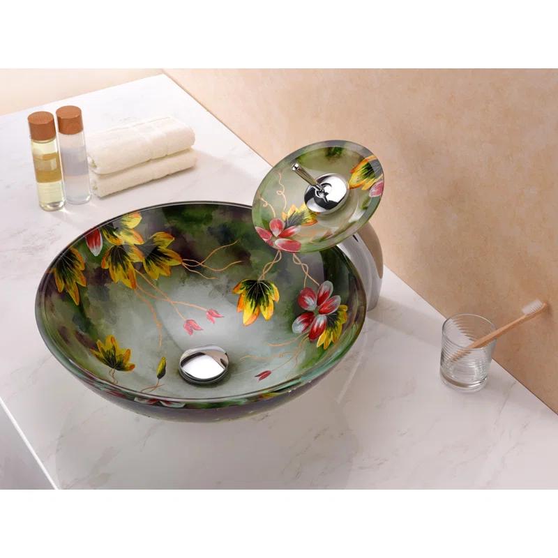 ANZZI Impasto 15.5'' Green Tempered Glass Circular Bathroom Sink with Faucet