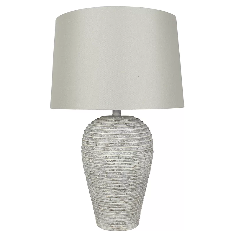 Edison-Inspired Weathered White Resin Table Lamp with Stone Linen Shade