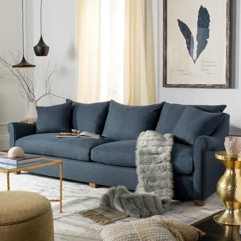 Frasier Navy Blue Linen 106" Transitional Sofa with Oak Legs