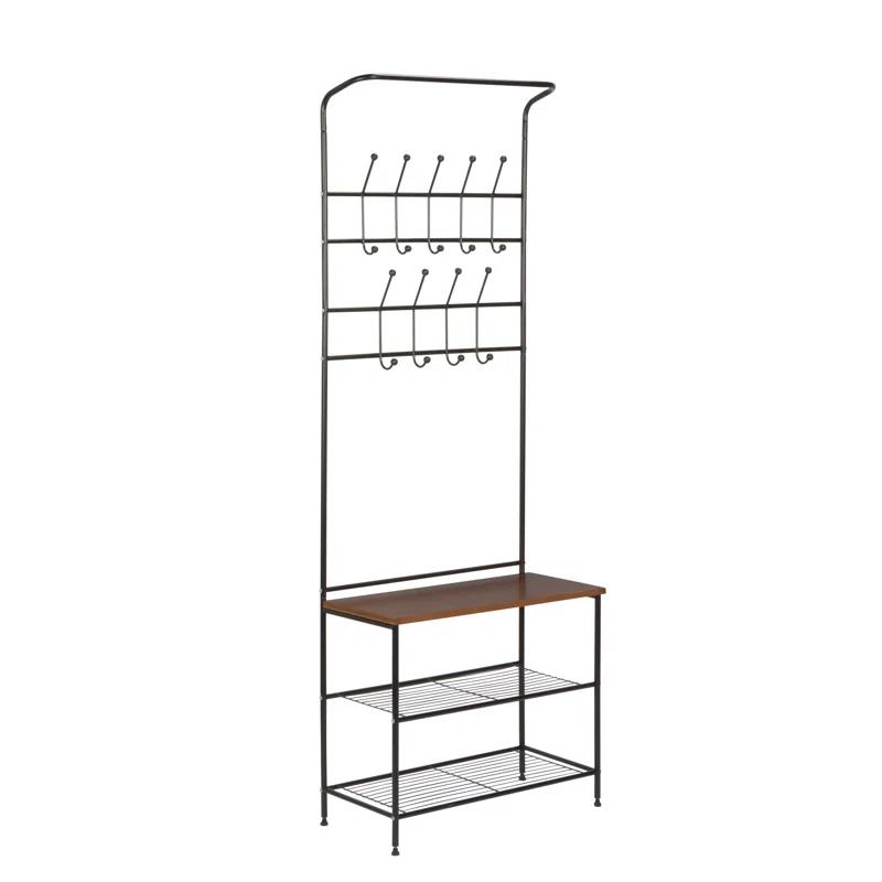 Versatile Black Metal Entryway Storage Valet with Bench and Hooks