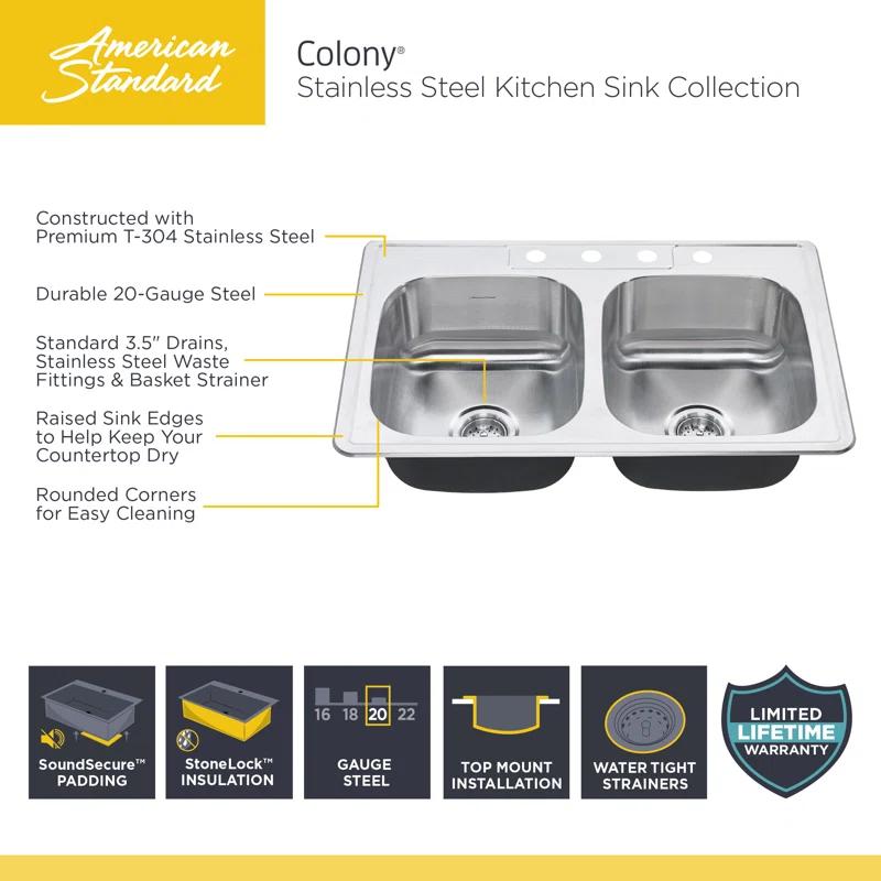 Colony 33'' L Drop-In Double Bowl Stainless Steel Kitchen Sink