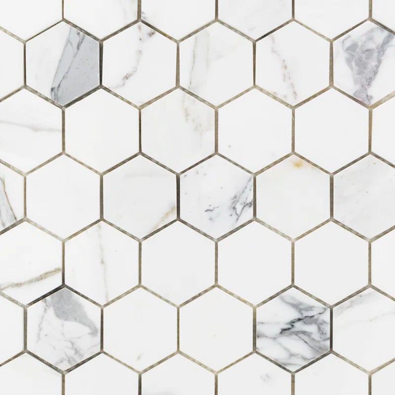 Hexagon Marble Mosaic Tile in White/Gray