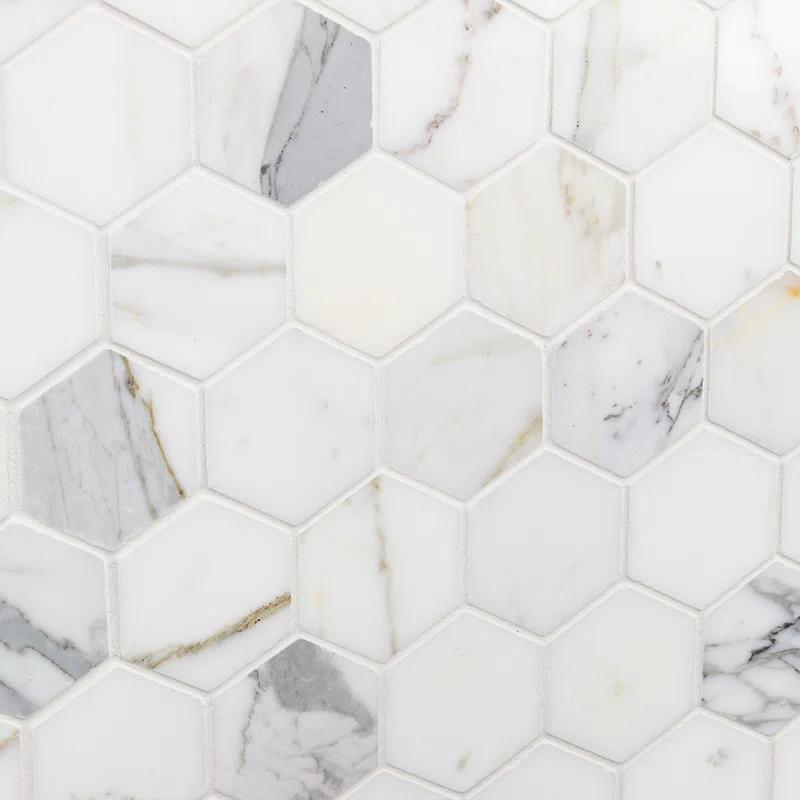 Hexagon Marble Mosaic Tile in White/Gray