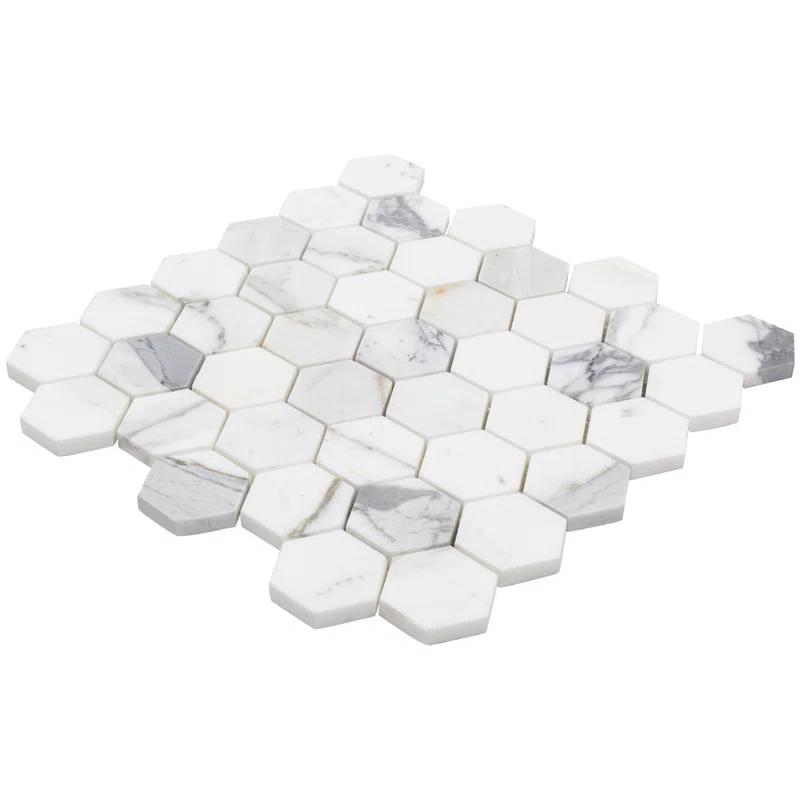 Hexagon Marble Mosaic Tile in White/Gray