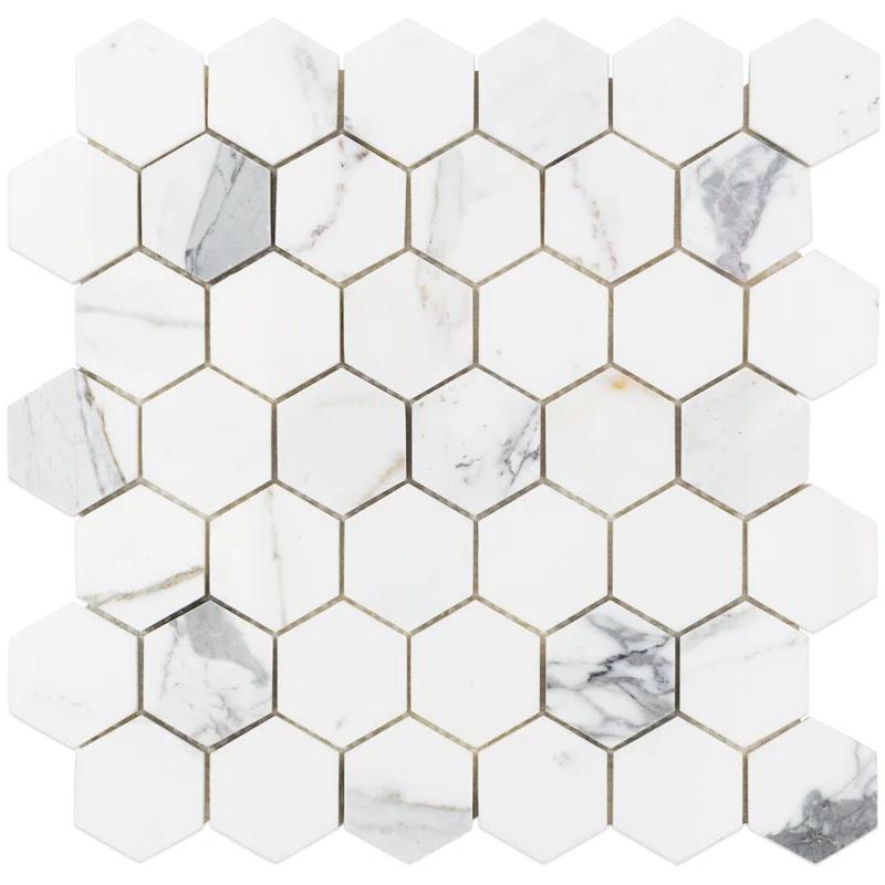 Hexagon Marble Mosaic Tile in White/Gray