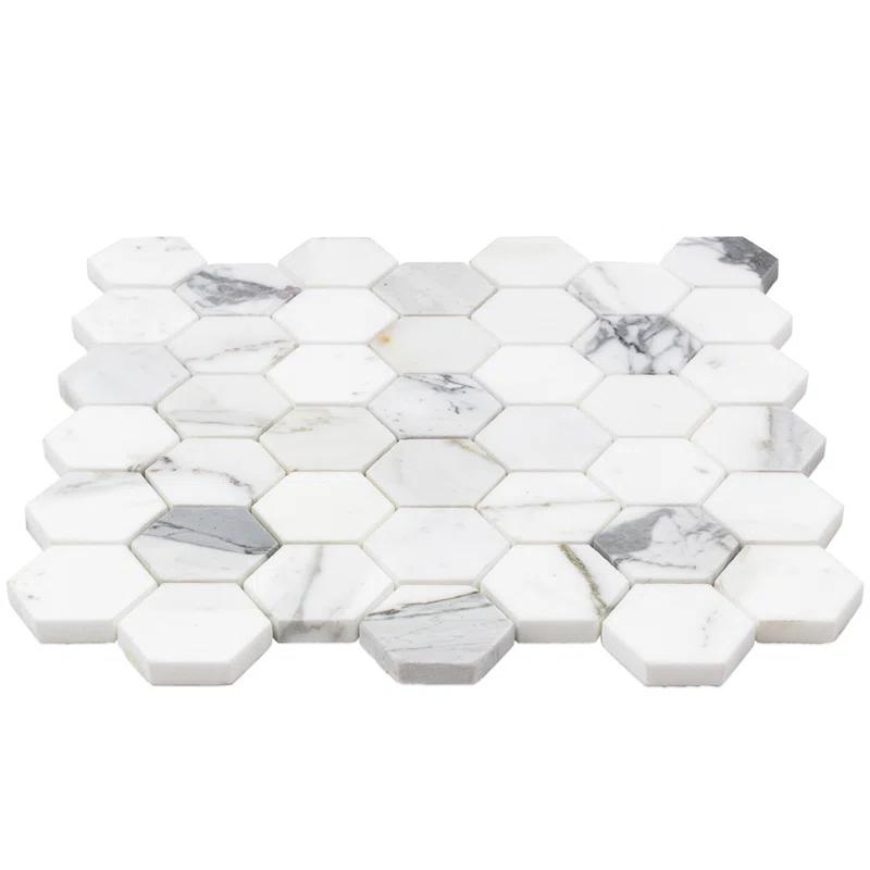 Hexagon Marble Mosaic Tile in White/Gray
